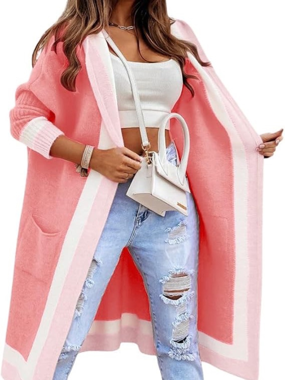 chouyatou Open Front Longline Hooded Knit Cardigan Pink Oversized XL NWT